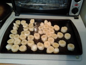 Banana slices on a cookie tray